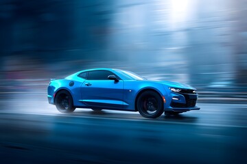 Fast-moving blue sports car on a wet city street.
