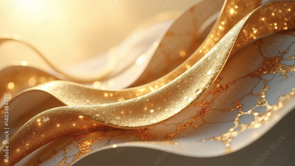 Aufkleber golden abstract art, elegant curves and swirls of gold. the image features shimmering gold and off-w
