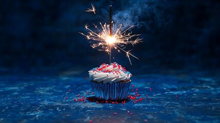 Blue cupcake with red and white sprinkles and lit sparkler on a blue background. Festive buttercream birthday cupcake with red, white and blue sprinkles and lit sparkler on a dark blue background. bir