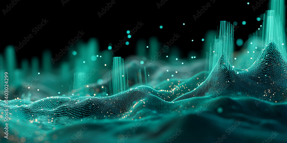 Poster teal abstract landscape with glowing particles, creating a digital, futuristic feel. represents data