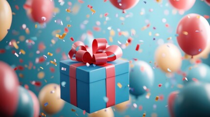 A bright blue gift box with red ribbons stands out among colorful balloons and confetti, ideal for celebrations