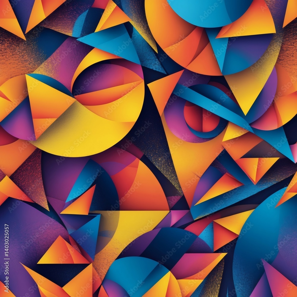 Poster Abstract colorful geometric pattern with vibrant triangles and circles.  This image features a dynamic and modern design.