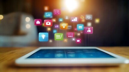 Tablet displaying floating colorful app icons showcasing various functionalities and connectivity options, symbolizing modern technology.