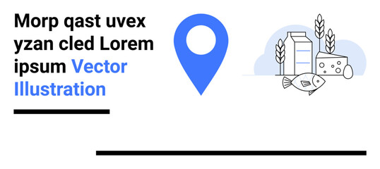 Blue location marker placed next to icons of milk carton, cheese, fish, wheat stalk, and trees. Ideal for food supply chain, sourcing, local food, sustainability agriculture grocery simple landing