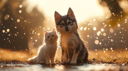 A captivating moment of a puppy and kitten standing together amidst a beautiful bokeh backdrop, radiating warmth and companionship.