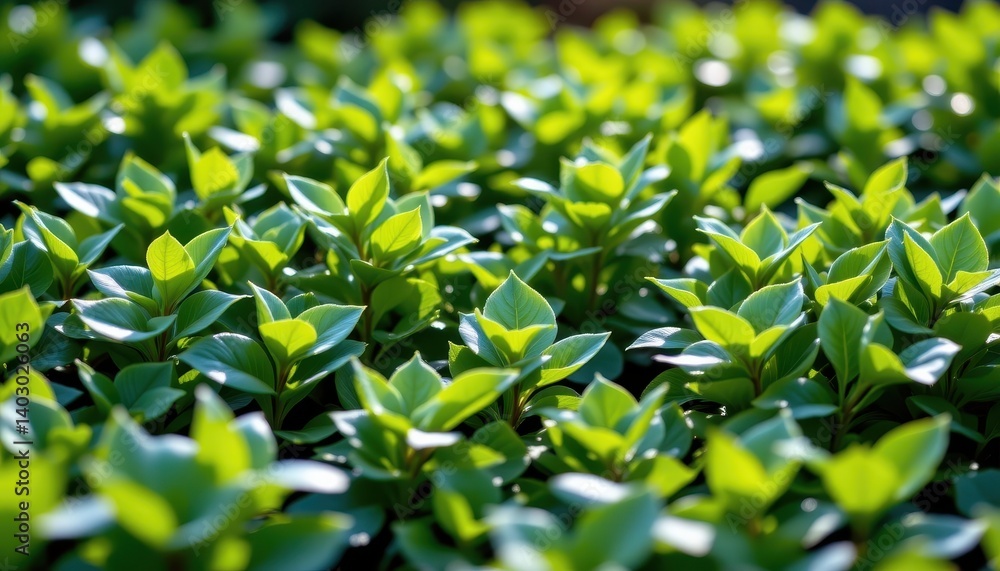 Poster lush garden setting create an image of a garden made of shiny green material, simulating leaves and 