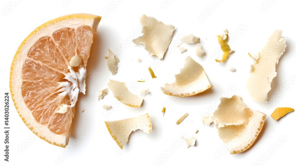 Poster a slice of grapefruit with its peel scattered around it on a white background. the image shows the t