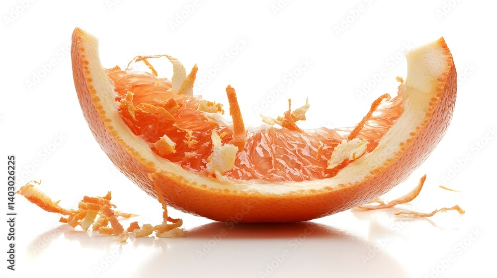 Poster a juicy grapefruit segment with zest scattered around it, isolated on a white background. the image 