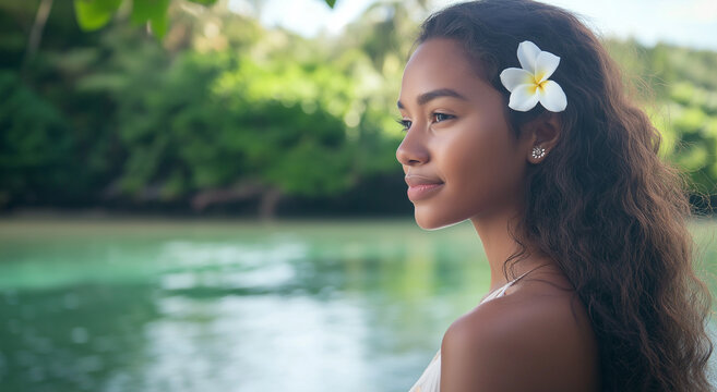 Adolescente das ilhas do Pac&iacute;fico com cabelos ondulados e uma flor atr&aacute;s da orelha, usando um vestido branco simples, o fundo &eacute; uma lagoa serena cercada por vegeta&ccedil;&atilde;o exuberante