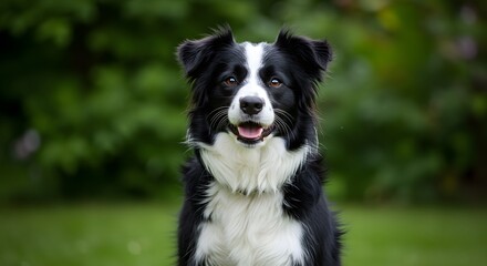 Fototapeta premium AI image showing a beautiful black and white Border Collie dog sitting attentively on green grass outdoors, looking directly at the camera.