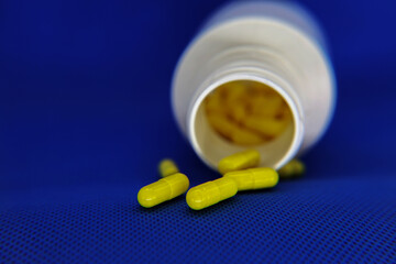 Drug prescription for treatment medication. Pharmaceutical medicament, cure in container for...