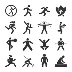 People activity icons: running, dancing, sports, working, relaxing