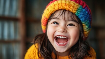 Capturing an adorable child with a rainbow knit hat, this image radiates warmth and happiness, highlighting the beauty of childhood laughter.