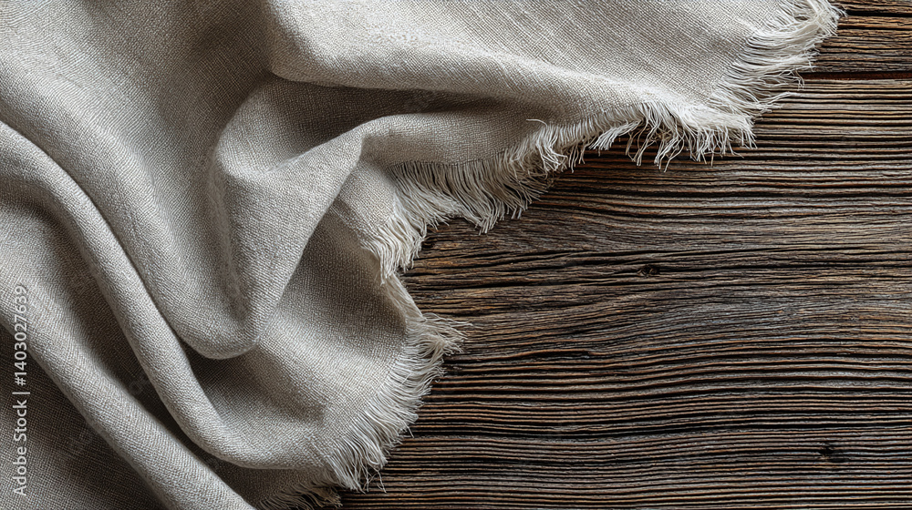 Poster beige fabric with frayed edges draped on brown wood background, showcasing texture and free space fo