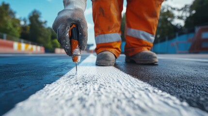 Road marking worker painting fresh traffic lines. Featuring precision and transportation safety