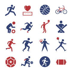 Red and Blue Sports Icons Featuring Athletes and Equipment