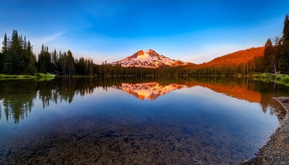 Obraz premium Sunset at Lassen Peak with reflection on Manzanita Lake