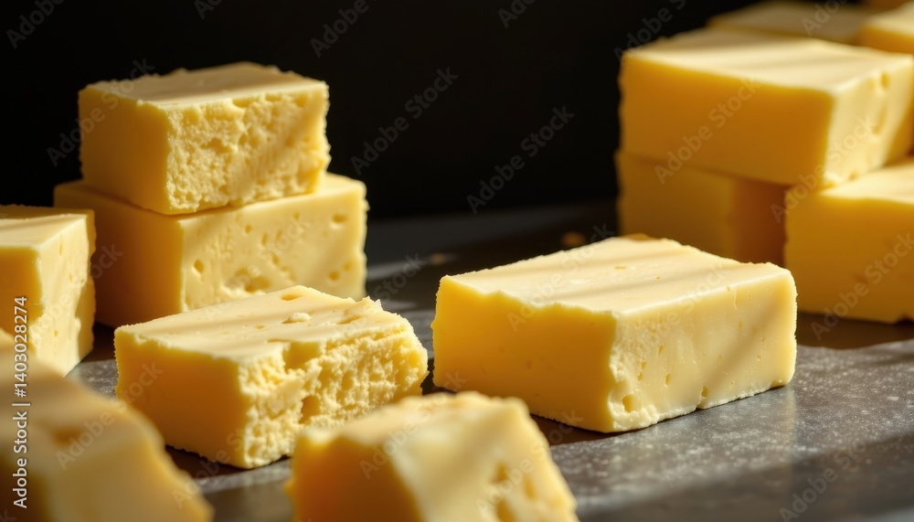Poster dynamic angles design a photo showcasing butter blocks from dramatic angles, emphasizing their shape