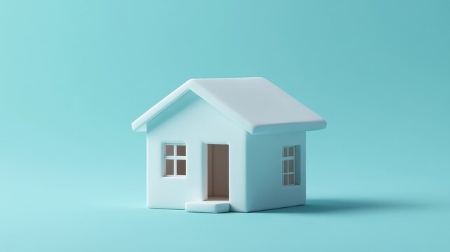 A small, simplistic white square house crafted from pottery sits against a light blue backdrop, showcasing modern decorative design