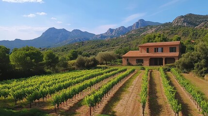 Scenic vineyard landscape with charming rural house nestled amid rolling hills