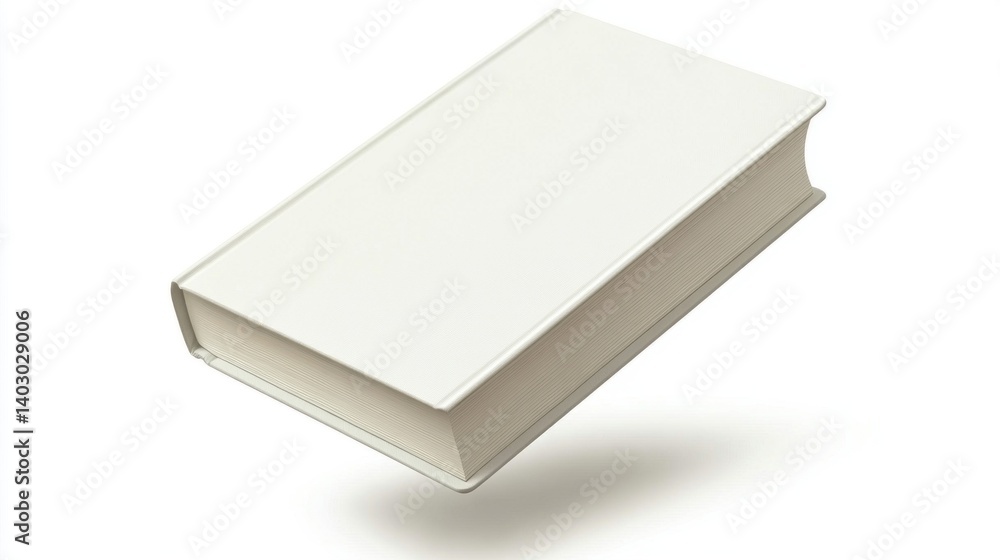 Poster a hard-covered book with a blank white cover is suspended in mid-air, creating a minimalist and stri