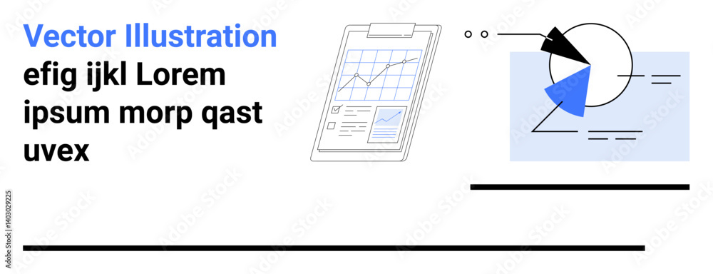 Poster clipboard with a line graph, circular chart with segments, abstract shapes highlighting data trends.