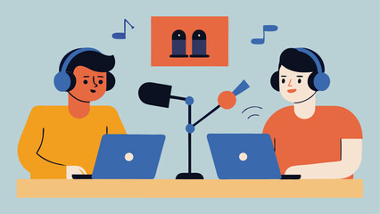 Podcasting Together Two podcasters one with a hearing aid and the other using a communication device sitting in a soundproof room surrounded by microphones and recording equipment