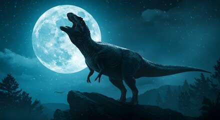 AI image depicts a fearsome theropod dinosaur roaring towards a large full moon on a cliff during a snowy night scene.