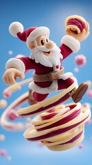 Jolly Santa playfully leaps, swirling festive treats
