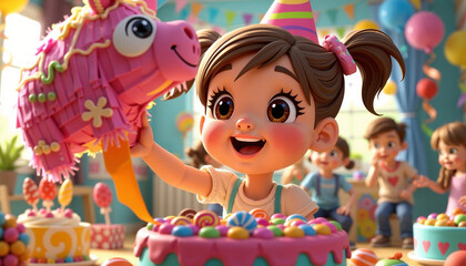 Excited little girl with pigtails holding a colorful piñata at her birthday party surrounded by friends