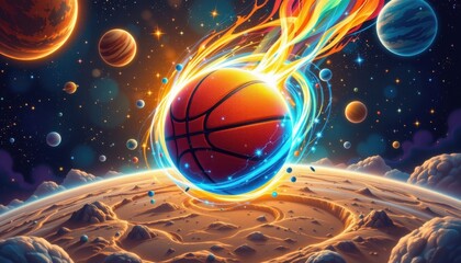 Galactic Basketball Illustrate a basketball floating in space, surrounded by planets and stars, with cosmic energy swirling around it.