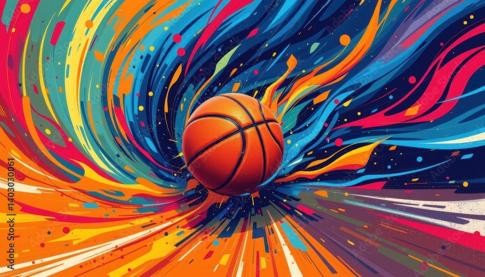 Poster abstract motion illustrate an abstract representation of a basketball in motion, using swirling colo