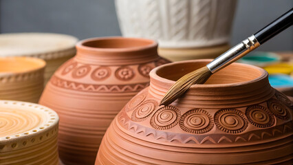 Pottery crafting with intricate designs and tools at a ceramic studio