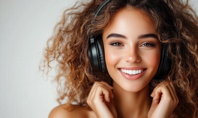 Naklejka premium A smiling woman with gorgeous curly hair listens to music in a cozy indoor space, radiating joy and positivity as she enjoys her moment