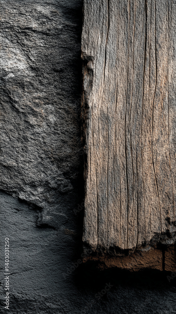Aufkleber dark grey stone texture beside aged wood grain, creating a rustic and contrasting background ideal f