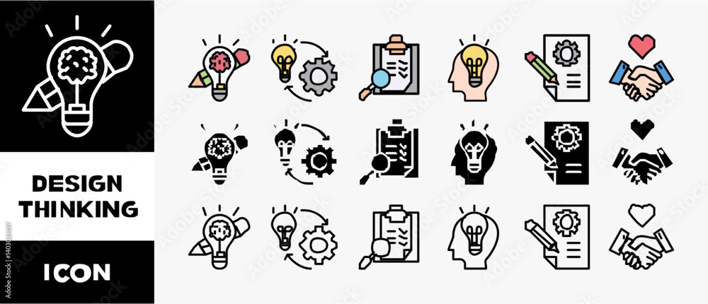 Poster design thinking icon set with various styles and colors inspiration, empathy, ideation, implementati