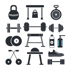 Gym equipment icons, fitness and healthy lifestyle