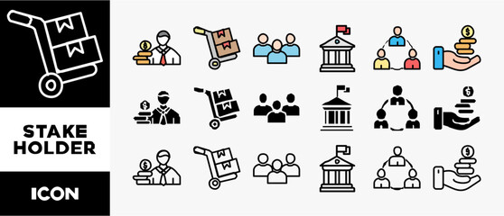 STAKE HOLDER icon set with various styles and colors community, trade unions, suppliers, and customers
