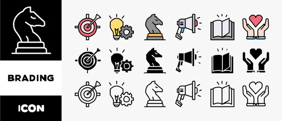 BRADING icon set with various styles and colors  target, innovation, strategy, marketing, story, advertising, awareness, quality and loyalty 
