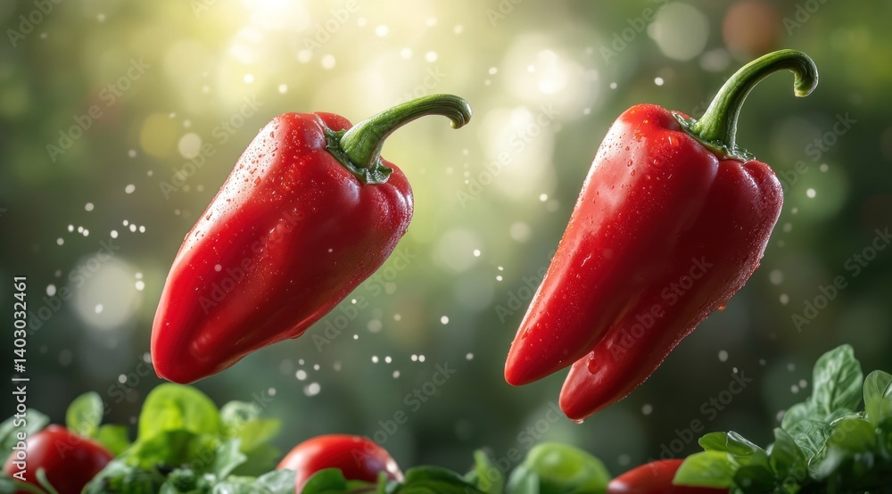 Poster two vibrant red peppers hover in mid-air against a lush green backdrop, creating a refreshing and dy