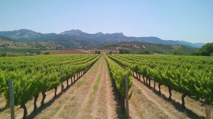 Naklejka premium Scenic vineyard landscape with rows of grapevines and distant mountains panorama