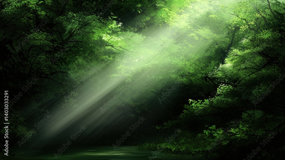 Poster a forest scene with sunlight filtering through the trees.