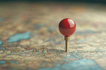 Red pin marking a destination on vintage map travel adventure awaits