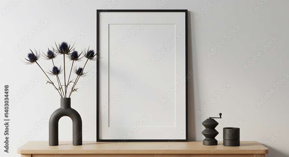Poster ai image showing a blank vertical frame mockup on a wooden console table, next to a modern black vas