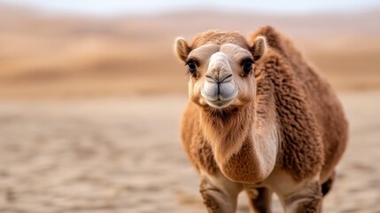 Obraz premium A friendly camel stands in a wide-open desert landscape, showcasing its unique features and charm, embodying the spirit of the arid environment and wildlife.