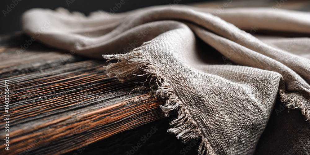 Poster beige linen fabric with frayed edges draped on dark wood, showcasing texture and rustic aesthetic, i