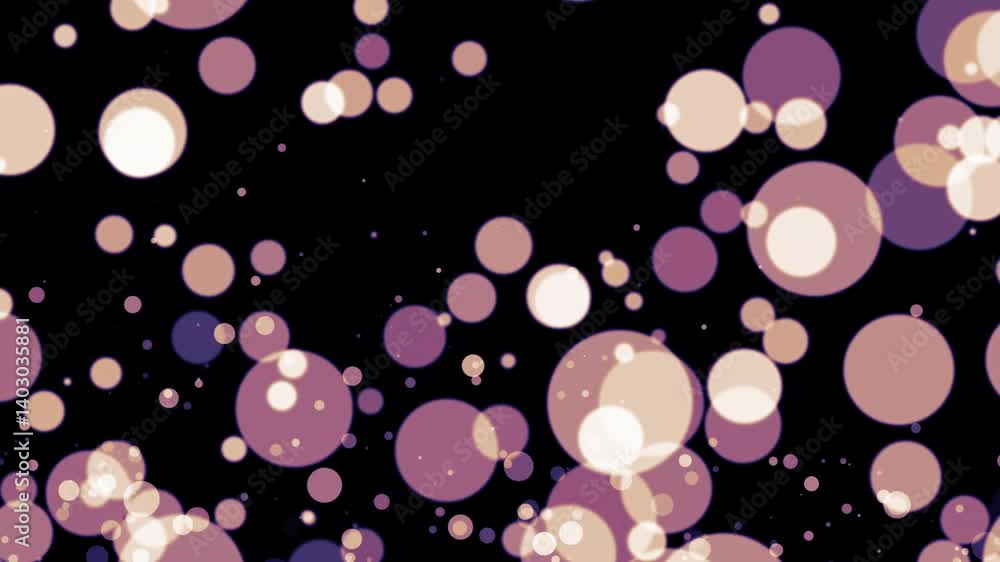 Poster abstract animation loop pastel bokeh particles flow to top right on black background. 4k 3d seamless