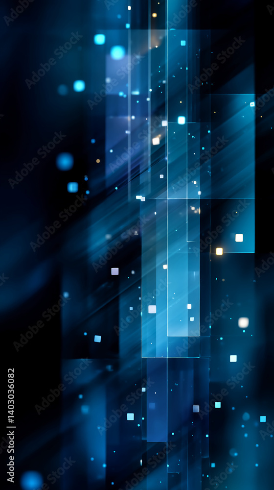 Poster abstract dark blue background with glowing blue and yellow squares and rectangles, creating a dynami