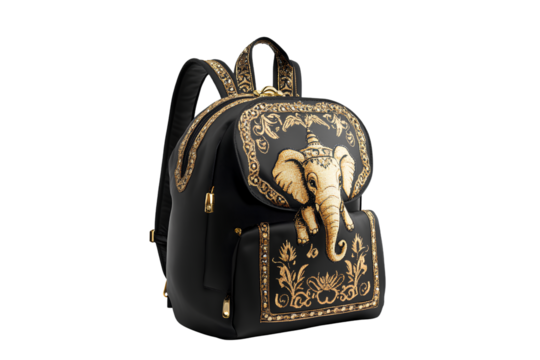  Black backpack with elephant pattern transparent background PNG