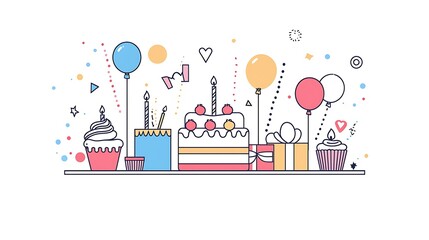 Happy Birthday color flat line circle concept with text. Festive bright holiday party minimal elements balloon cupcake birthday cake with candles on white background. Greeting card vector illustration
